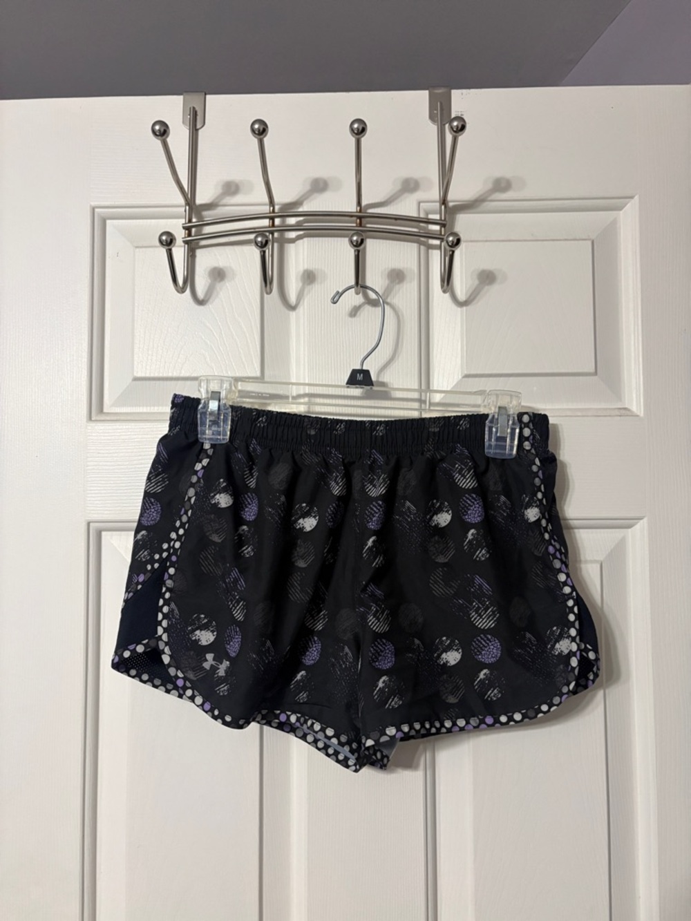 Under Armour Black Athletic Shorts with Purple & White Dot Print
